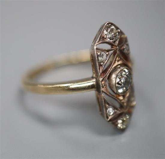 A 1920s? Austrian pierced 585 yellow metal and diamond set oblong dress ring, size M, gross 2.8 grams.